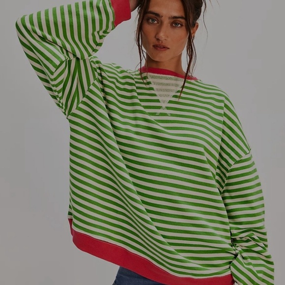 NEW Free People Classic Striped Oversized Crewneck Sweatshirt Large - Picture 1 of 5